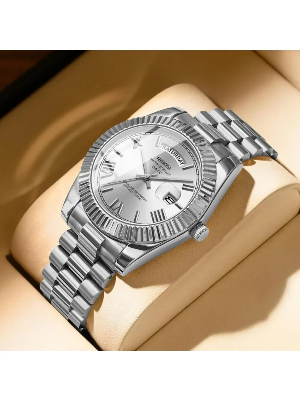 Nibosi Men's Silver Analog Quartz Stainless Steel Waterproof Desiger Wrist Watch